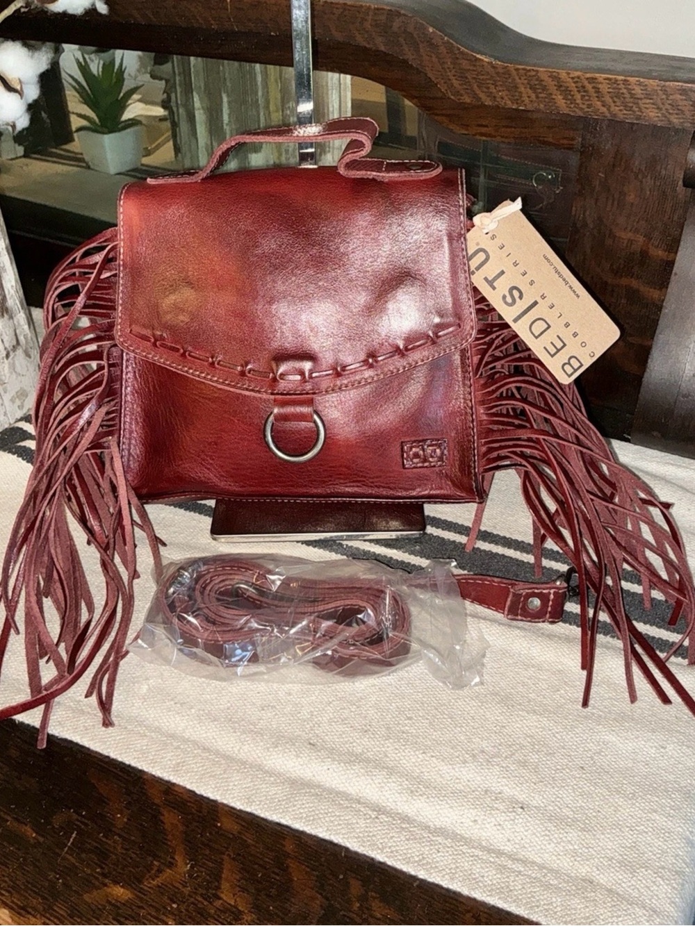 NWT Bed Stu Fringe Leather Hidden Crossbody Bag Handbag Cherry Lacquer MSRP $249